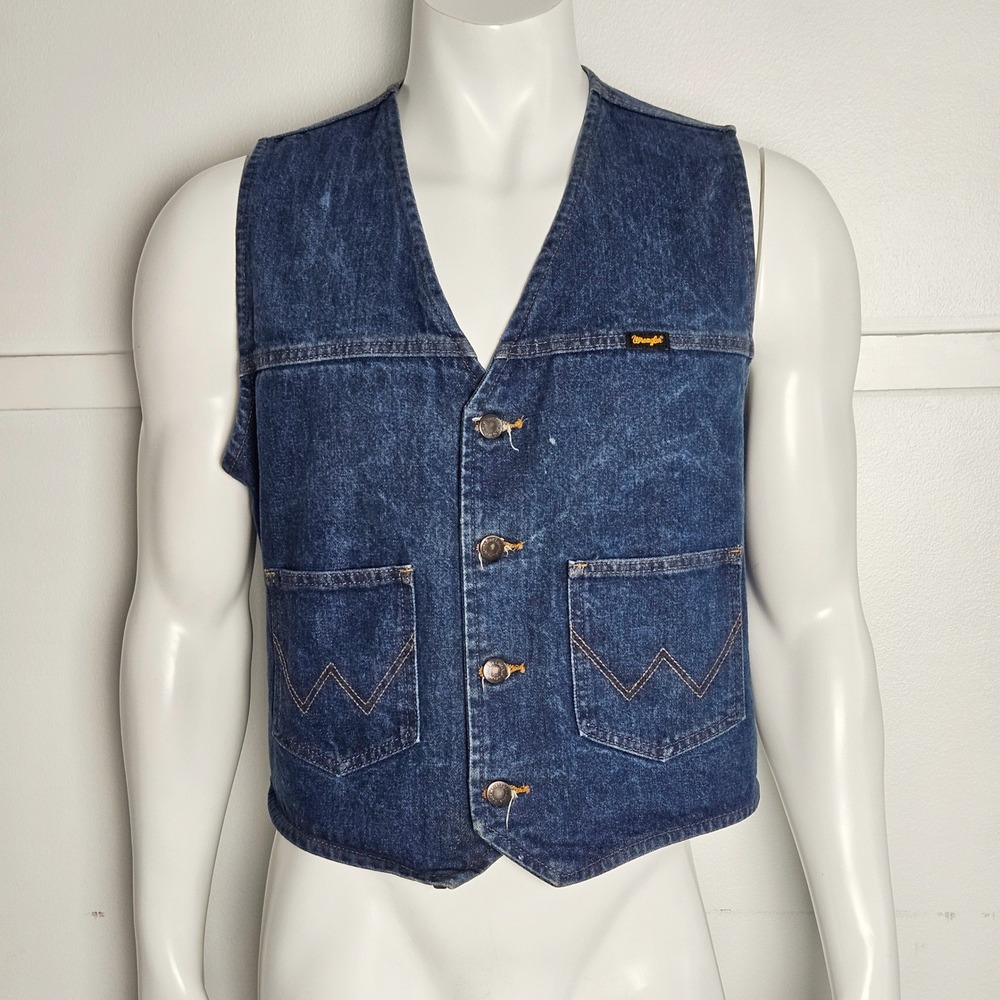 Wrangler Mens Authentic Western Denim Vest Blue Acid Wash Button Front Large